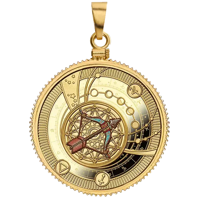 Reverse of the Cameroon 2018 Sagittarius coin featuring the archer symbol and celestial astrological design.