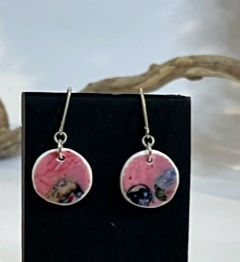 Rose Pink Silver Earrings - round and displayed on a black card