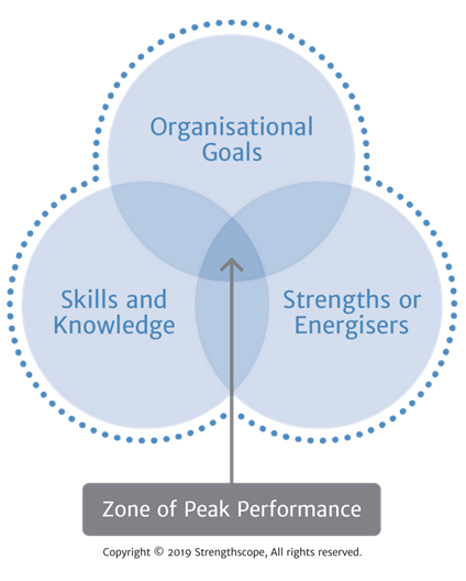 Career Starter Energiser Program - a graphic of three circles crossing over, the central area is the zone of peak performance, the three pale blue circles are labelled as organisational goals, skills and knowledge and strengths energiser