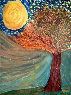 Thumbnail: Galaxy Tree Original Artwork - An autumnal tree in a sweeping night time landscape with a large, bright yellow moon and stars