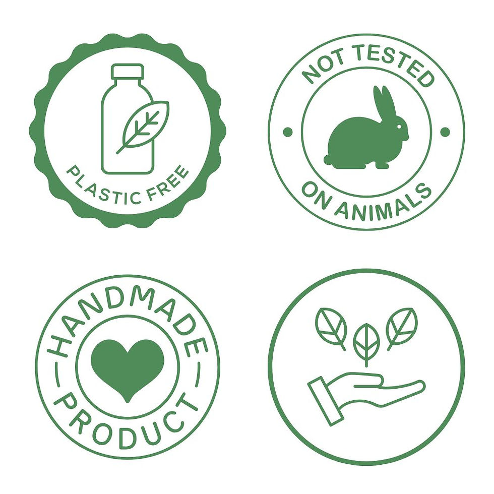 logos for: plastic free, not tested on animals, handmade, and environmentally friendly