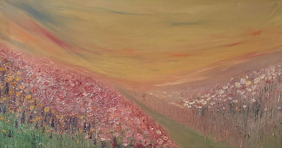 unique wedding day ideas - a painted canvas showing a landscape with flowers in oils in shades of pink and oranges