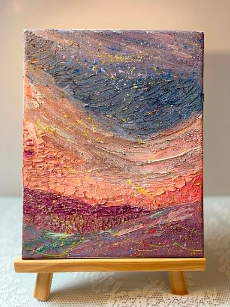 Dreams Calling, an original oil painting on canvas of dreamy red, orange and pink valleys under a dreamy displayed on a stand