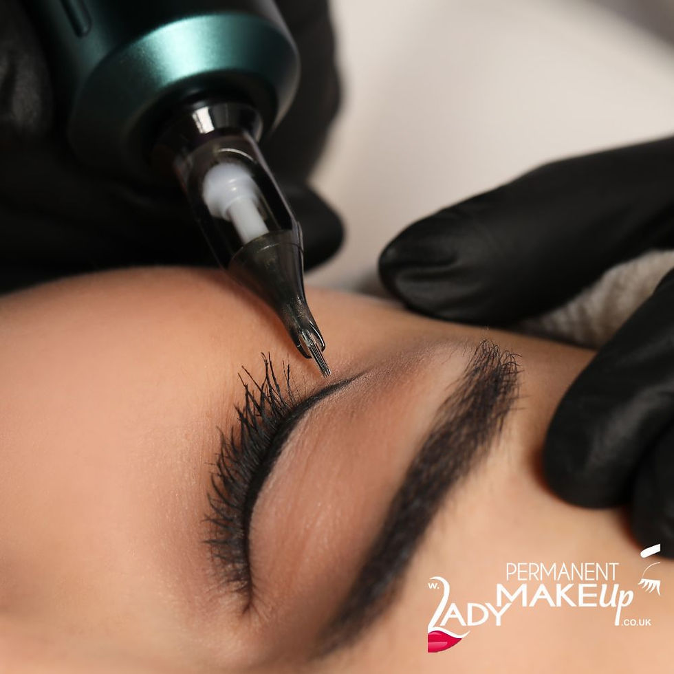 close up of Permanent eyeliner tattoo being applied to a model's face by an expert wearing black gloves