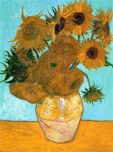 Flower artists - Van Gogh 'Still Life Vase with Twelve sunflowers' 1888-89 Blue background allows the bright yellow flowers to stand out