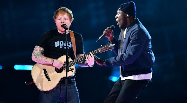 Ed Sheeran on stage with Stormzy performing Shape Of You