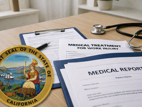 California workers’ compensation documents on a medical office desk with the California state seal, illustrating the right to choose a doctor for a work injury