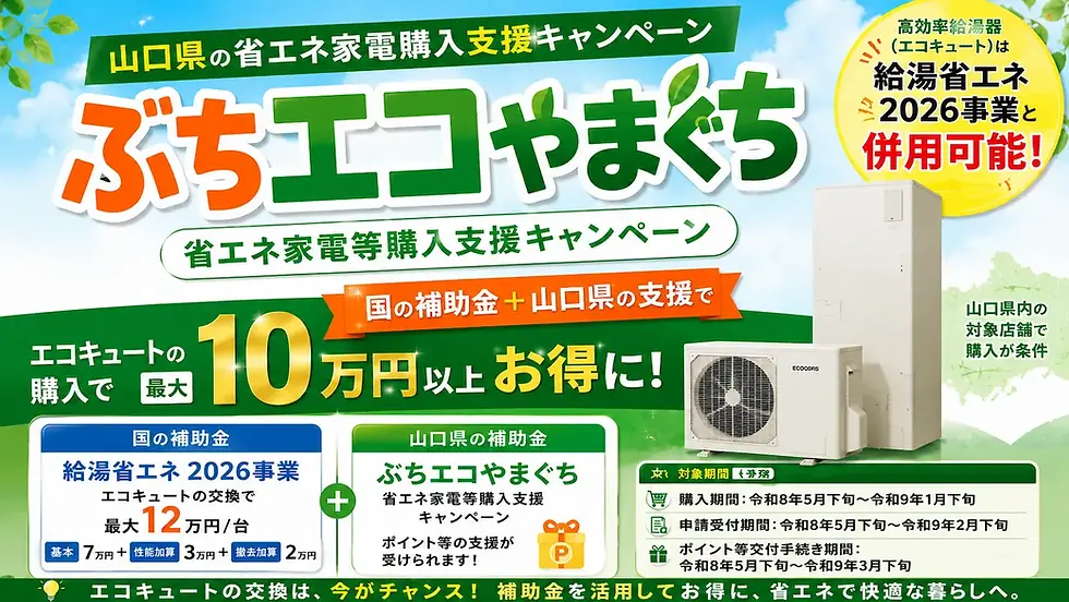 山口県の省エネ家電支援キャンペーン広告。青空背景、緑とオレンジの文字。最大10万円の補助金。エコキュート装置が描かれている。
