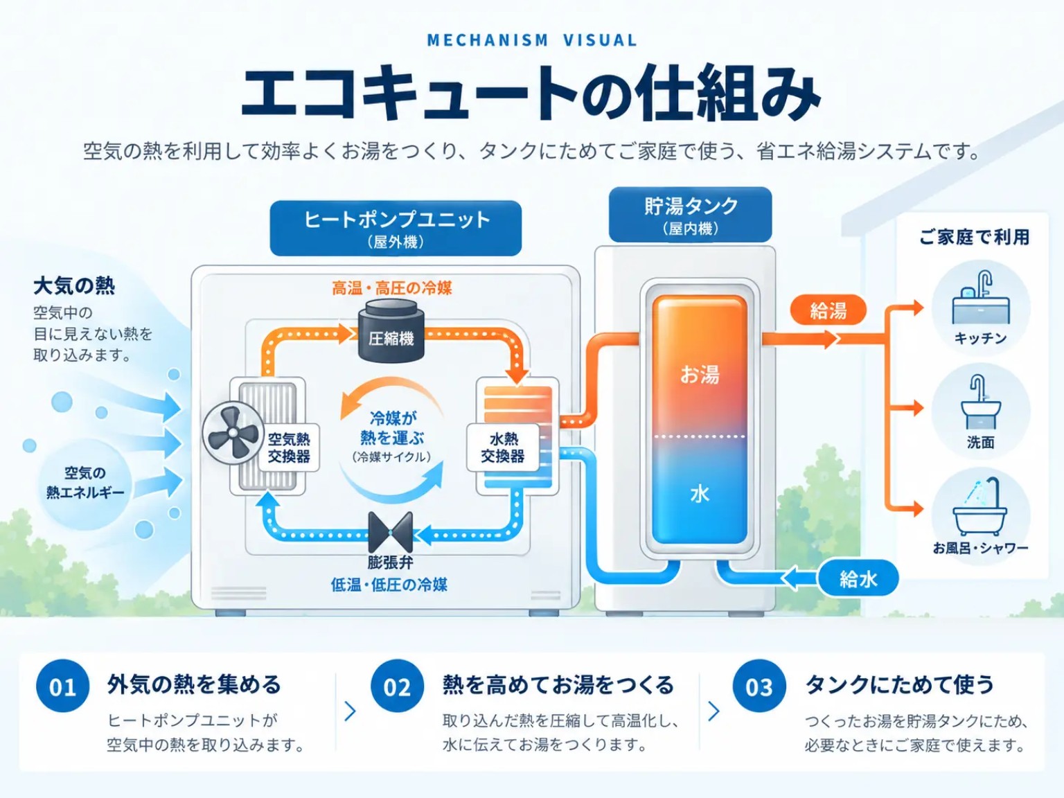エコキュートの仕組み図。ヒートポンプで空気の熱を取り込み、冷媒の圧縮で高温化して水を温め、貯湯タンクにためてキッチン・洗面・浴室へ給湯します。