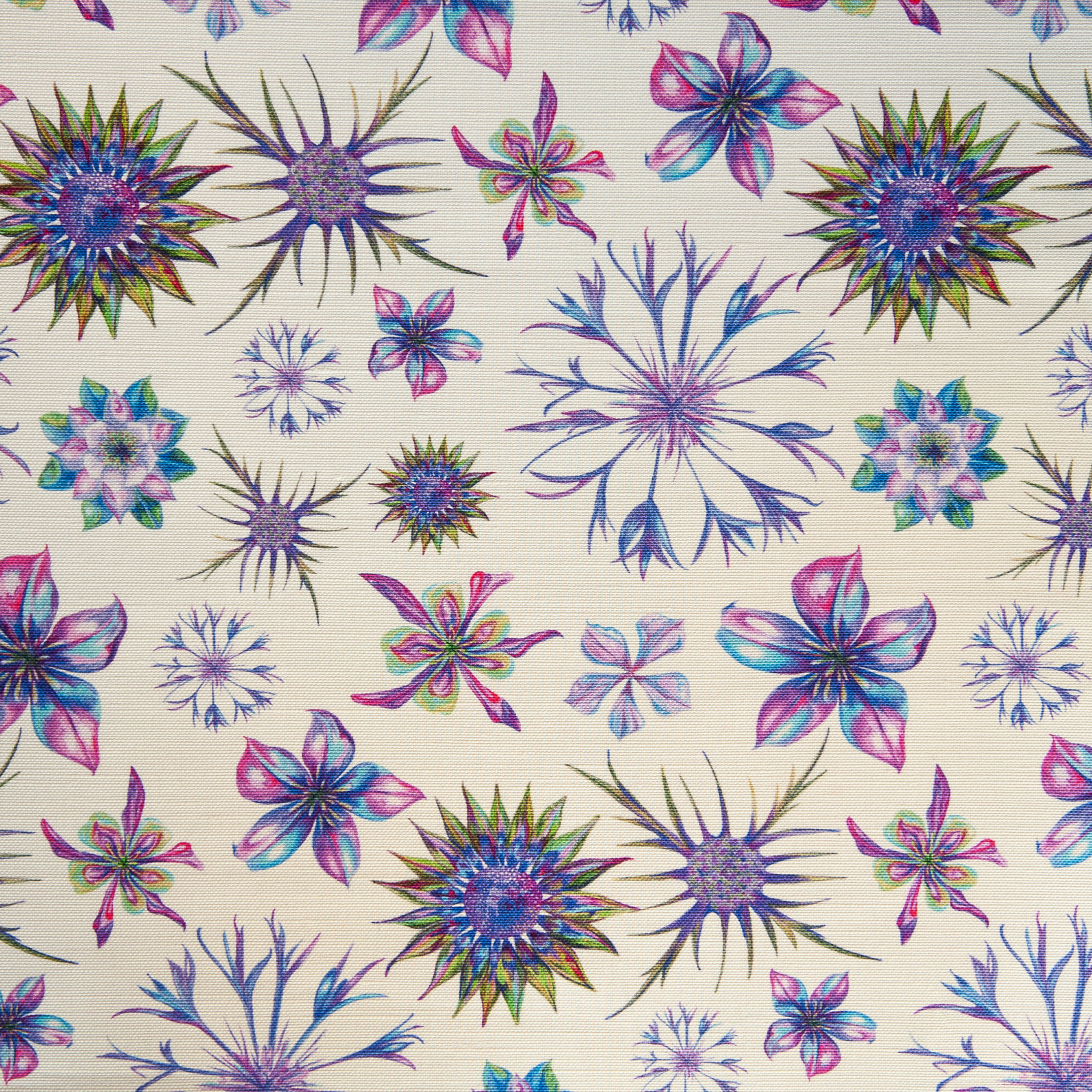 Blooms and Foliage soft furnishing fabric collection by Willis Bloom. Hand drawn flowers and leaves: made in England.