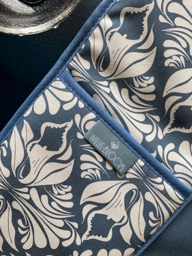 Calla Lily blue and white kitchen oven glove Wills Bloom