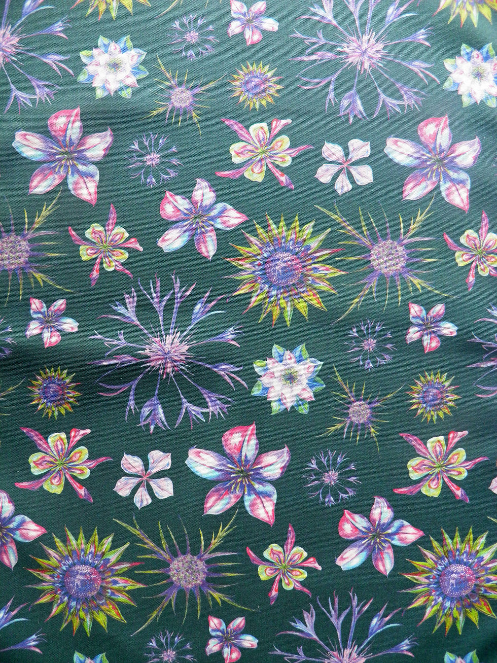 Beautiful floral cotton tea towel, with happy pink, blue, green, blue and purples. Hand Drawn and made in England.