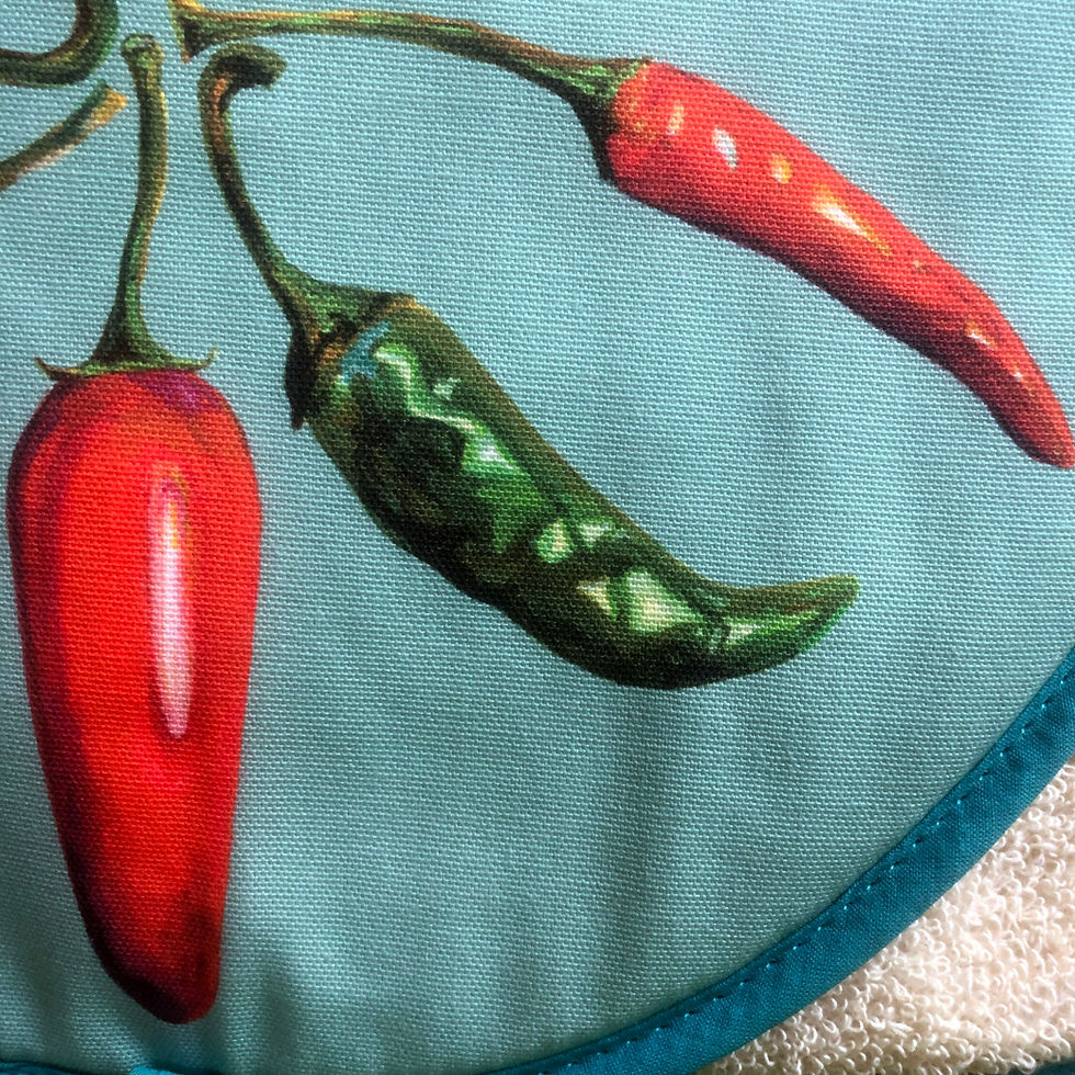 Thumbnail: Kitchen Gift set:  Hand Drawn Chilli design includes 2 Aga Toppers, apron, double oven glove and a tea towel.