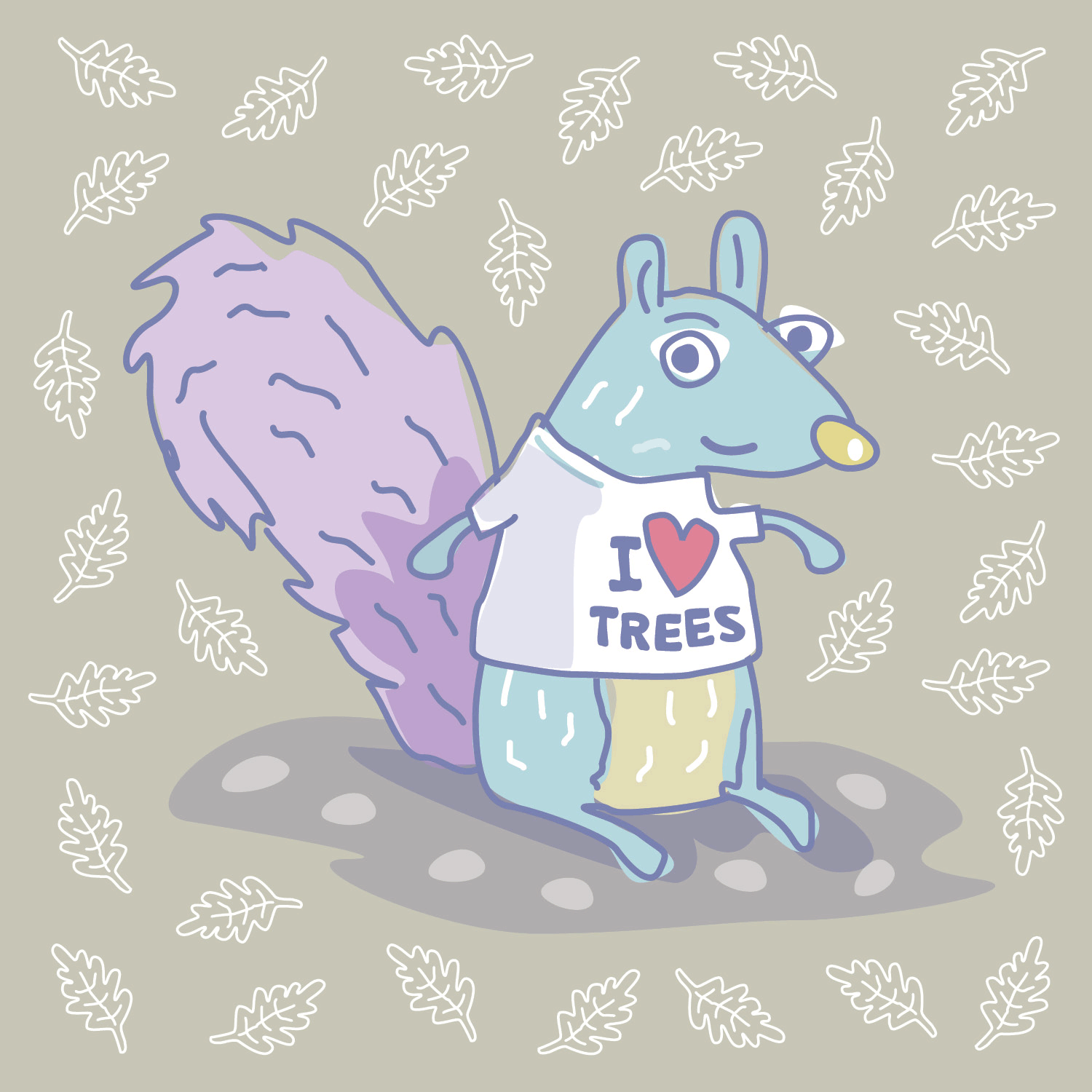 Animated cartoon squirrel with a purple tail wearing an "I ❤️ TREES" T-shirt.  The artwork blends whimsy with an environmental message. 