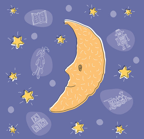 A smiling crescent moon floats in a night sky surrounded by glowing stars and dream symbols like a robot, toy blocks, a train, and a storybook.