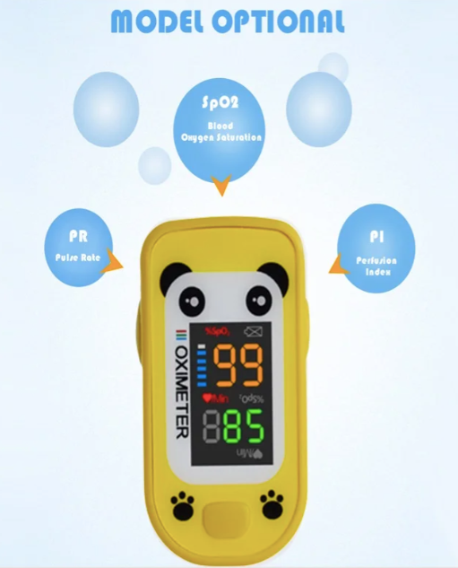 Miniatura: Pulsioxímetro infantil de dedo con pantalla LED, diseño pediátrico y medición precisa de oxígeno y pulso para niños.