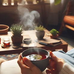 Woman holding a warm cup of tea in a sunlit, plant-filled home, practicing a mindful morning ritual focused on balance, wellness, and intentional self-care.