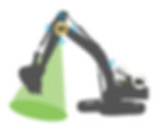 Diagram of excavator with HoistCam mounted on the arm transmitting video to the operator.