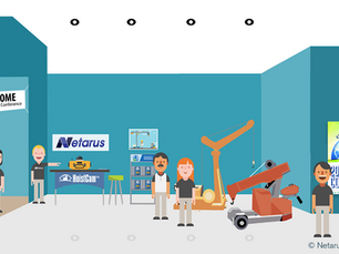 Cartoon of people at a conference with a crane display. Signs say "Welcome 2016 Annual Conference," "Netarus," "HoistCam," and show a globe.