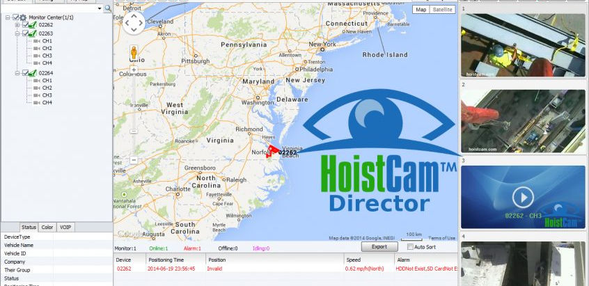 Screenshot of the HoistCam Director software interface, showing a map of the East Coast with a marked location, camera feeds, and management data.