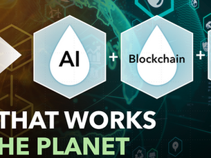 A dark green and brown graphic with a technological motif. At the bottom, the words "TECH THAT WORKS FOR THE PLANET" are written in large, bold font. A large white arrow points from the left to three hexagonal icons that read "AI," "Blockchain," and "E-commerce," suggesting their combination for environmental benefit.