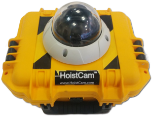 Close-up of the original HoistCam Armored Dome camera in a yellow and black protective case.