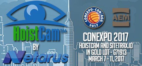 Advertisement for HoistCam and Sitetrax.io at CONEXPO 2017, listing their booth location and dates.