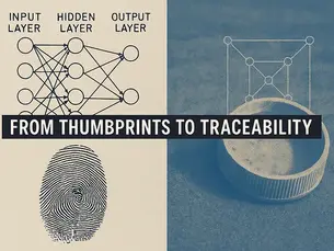 A four-quadrant image with the title "FROM THUMBPRINTS TO TRACEABILITY" in a black banner across the center. The top left quadrant shows a simplified diagram of a neural network with an "Input Layer," "Hidden Layer," and "Output Layer." The bottom left quadrant displays a clear image of a human thumbprint. The top right quadrant features a wireframe cube overlapping a circular object, possibly a lid or cap, set against a textured blue background. The bottom right quadrant is also against a textured blue background and shows the same circular object.