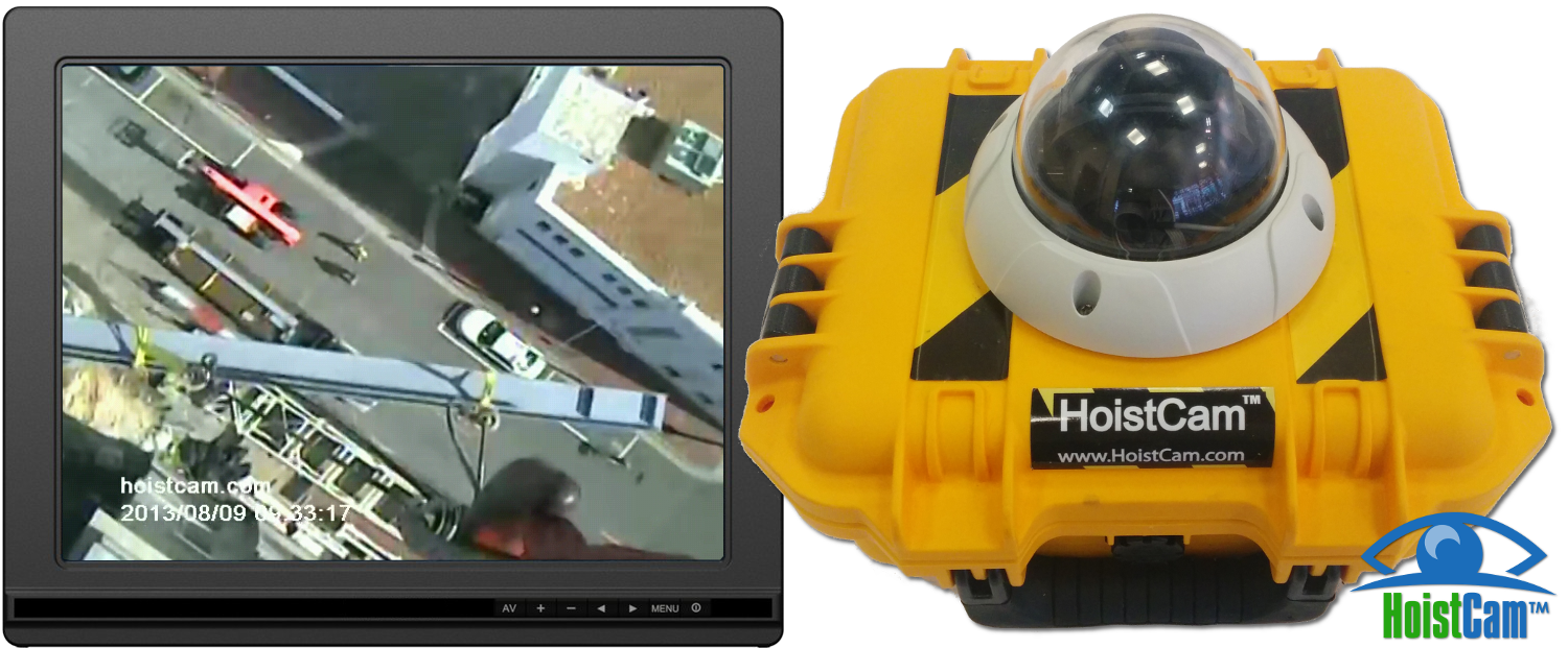Image

Split image showing a monitor displaying a crane's view of a construction site and the yellow HoistCam camera in a protective case.