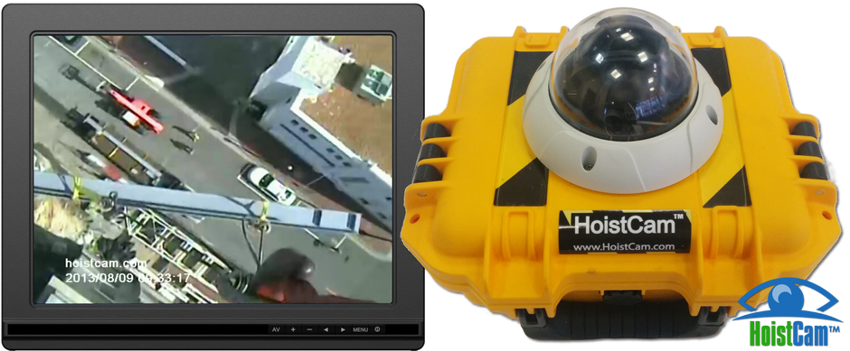 Split image showing a monitor displaying a crane's view of a construction site and the yellow HoistCam camera in a protective case.