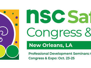 A promotional graphic for the "NSC Safety Congress & Expo 2023." On the left, a purple fleur-de-lis is centered on a purple and gold circular background with confetti, above three colorful circles in shades of green and yellow. On the right, the event name "nsc Safety Congress & Expo" is displayed in green and gray text. Below it, a green bar contains "New Orleans, LA" on the left and "2023" on the right. Further below, details about "Professional Development Seminars: Oct. 20-22 and 25-26" and "Congress & Expo: Oct. 23-25" are listed.