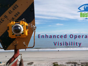  A yellow and black HoistCam camera is mounted on a striped, industrial-looking metal structure, possibly part of a crane or pier. In the background, there's a wide sandy beach with the ocean stretching out to the horizon under a partly cloudy sky. Several people are visible walking on the beach in the distance. Overlaid on the image are the words "Enhanced Operator Visibility" in red and blue text. The "HoistCam" logo is in the top right corner.