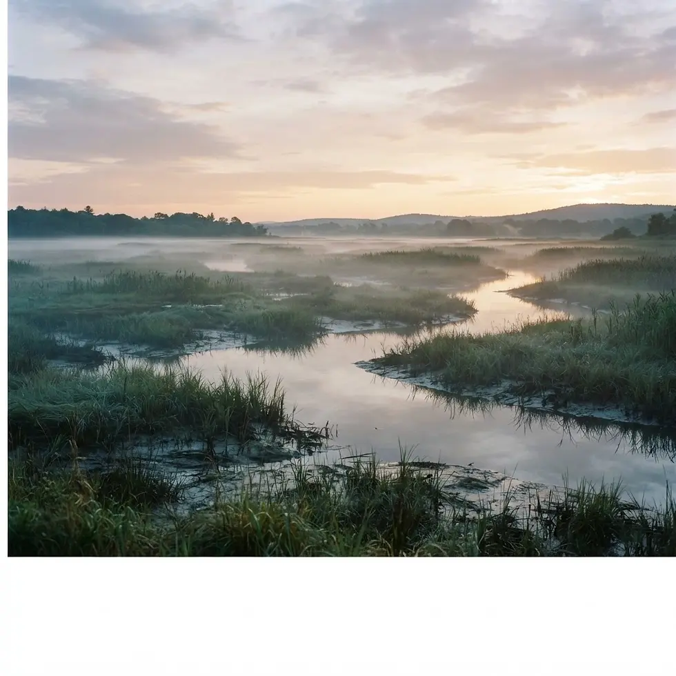 Landscape outdoor photography of a serene marshland at dawn. A misty haze hangs low over the winding water and tall grasses, creating a peaceful and atmospheric mood.