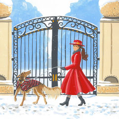 Fashionable girl and dog walk together--snowy scene