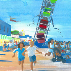 People scattering in front of runaway ferris wheel