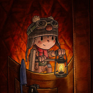 A small illustrated explorer wearing a winter hat and goggles peeks out of a coat pocket, holding a glowing lantern. The pocket interior glows warmly like a sunset, contrasting with the darker stitched fabric around it. A pen and glasses sit in nearby pockets.