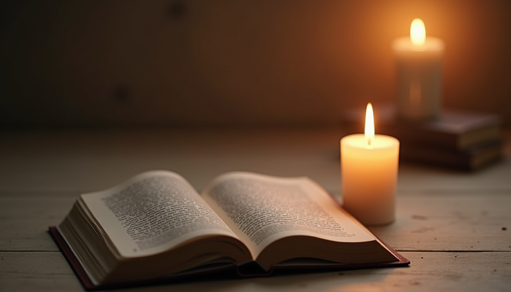 Eye-level view of a quiet meditation space with a single candle and open book