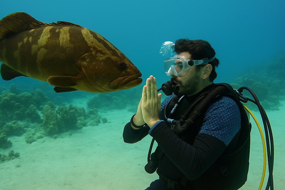 Franck retrouvant un mérou dans les eaux chaudes de San Salvador