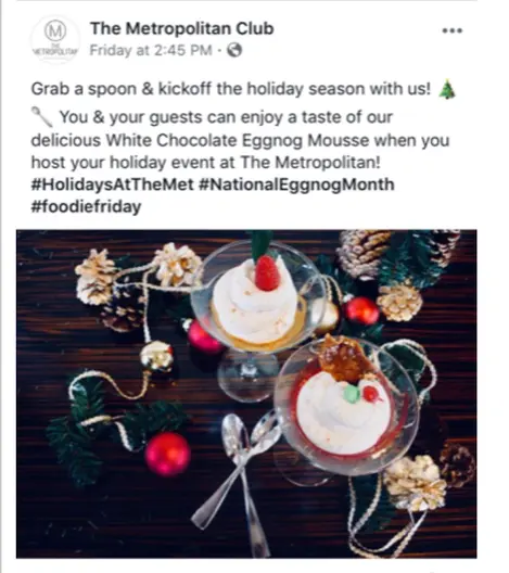 A contest held across Regional Private Events Directors to promote holiday events at the Club. I set up the idea, used a DSLR camera and assisted with the caption. Our Club was the winner!