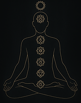 Minimalist gold outline of a meditating figure displaying the seven traditional chakras along the spine, set against a dark b