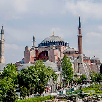 A photo of Hagia Sophia (Ayasofya), highlighting its majestic architecture, grand dome, an