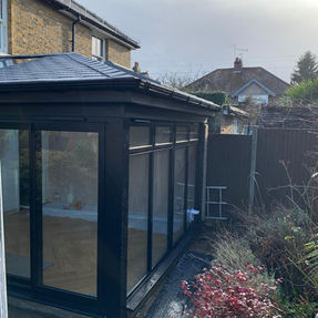 Black framed conservatory, corner view