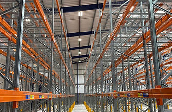Factory shelving and lighting