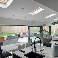 large kitchen with skylights