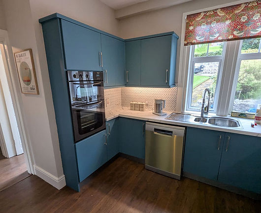 sky blue vinyl wrapped kitchen units
