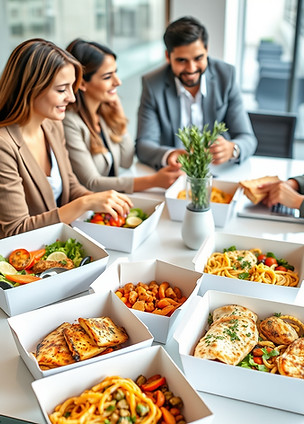 Create an image of a modern office lunch