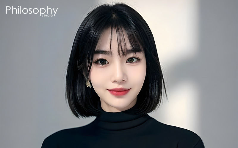 Woman with a sleek, blunt bob haircut.