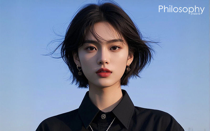 Woman with a short, chic, windswept haircut outdoors.