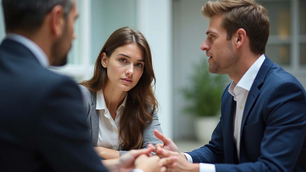 Eye-level view of a couple discussing divorce mediation with a mediator