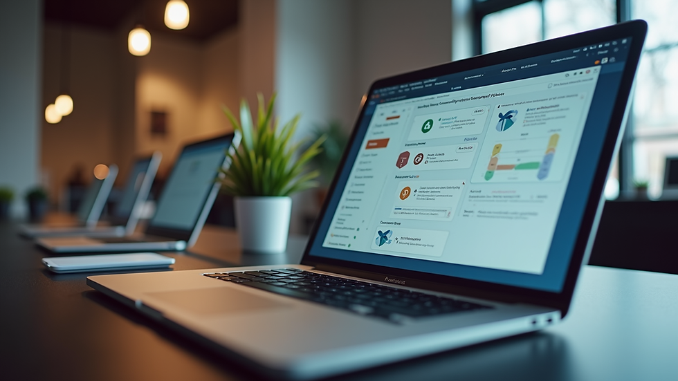 Eye-level view of a modern office desk with a laptop showing CRM software